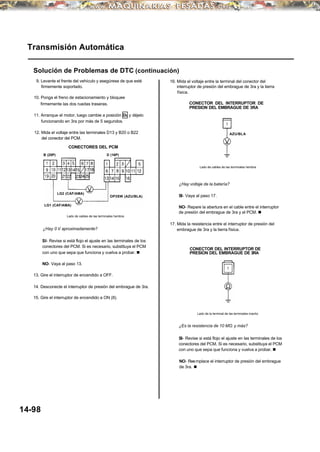 Transmisión Automática
Solución de Problemas de DTC (continuación)
9. Levante el frente del vehículo y asegúrese de que esté
firmemente soportado.
10. Ponga el freno de estacionamiento y bloquee
firmemente las dos ruedas traseras.
11. Arranque el motor, luego cambie a posición D3 y déjelo
funcionando en 3ra por más de 5 segundos.
12. Mida el voltaje entre las terminales D13 y B20 o B22
del conector del PCM.
B (25P)
CONECTORES DEL PCM
¿Hay 0 V aproximadamente?
SI- Revise si está flojo el ajuste en las terminales de los
conectores del PCM. Si es necesario, substituya el PCM
con uno que sepa que funciona y vuelva a probar. n
NO- Vaya al paso 13.
13. Gire el interruptor de encendido a OFF.
14. Desconecte el interruptor de presión del embrague de 3ra.
15. Gire el interruptor de encendido a ON (II).
14-98
16. Mida el voltaje entre la terminal del conector del
interruptor de presión del embrague de 3ra y la tierra
física.
CONECTOR DEL INTERRUPTOR DE
PRESION DEL EMBRAGUE DE 3RA
AZU/BLA
Lado de cables de las terminales hembra
¿Hay voltaje de la batería?
SI- Vaya al paso 17.
NO- Repare la abertura en el cable entre el interruptor
de presión del embrague de 3ra y el PCM. n
17. Mida la resistencia entre el interruptor de presión del
embrague de 3ra y la tierra física.
Lado de la terminal de las terminales macho
SI- Revise si está flojo el ajuste en las terminales de los
conectores del PCM. Si es necesario, substituya el PCM
con uno que sepa que funciona y vuelva a probar. n
NO- Reemplace el interruptor de presión del embrague
de 3ra. n
¿Es la resistencia de 10 MΩ y más?
D (16P)
OP3SW (AZU/BLA)
LG1 (CAF/AMA)
Lado de cables de las terminales hembra
LG2 (CAF/AMA)
CONECTOR DEL INTERRUPTOR DE
PRESION DEL EMBRAGUE DE 3RA
 