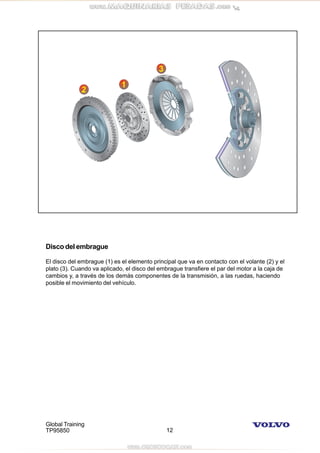 Global Training
TP95850 12
Disco del embrague
El disco del embrague (1) es el elemento principal que va en contacto con el volante (2) y el
plato (3). Cuando va aplicado, el disco del embrague transfiere el par del motor a la caja de
cambios y, a través de los demás componentes de la transmisión, a las ruedas, haciendo
posible el movimiento del vehículo.
 