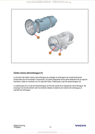Global Training
TP95850 17
Cárter cónico del embrague (1)
La función del cárter cónico del embrague es proteger el embrague de contaminaciones
producidas por la humedad o impurezas. Es parte integrante de la parte delantera de la caja de
cambios y está en contacto con la caja del motor. Palanquita y eje de desembrague (2)
La palanquita (3) y el eje de desembrague (2) forman parte de la regulación del embrague. Se
encargan de la transmisión del movimiento desde el sistema de mando del embrague al
cojinete de embrague.
 
