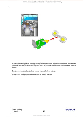 Global Training
TP95850 28
Al estar desembragado el embrague, se puede arrancar del motor. La rotación del motor no se
transmite al árbol primario de la caja de cambios porque el disco de embrague va loco, libre de
presión.
De este modo, no se transmite el par del motor a la línea motriz.
El conductor puede cambiar de marcha con entera libertad.
 