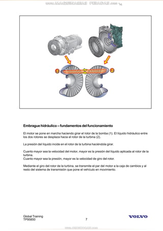 Global Training
TP95850 7
Embrague hidráulico – fundamentos del funcionamiento
El motor se pone en marcha haciendo girar el rotor de la bomba (1). El líquido hidráulico entre
los dos rotores se desplaza hacia el rotor de la turbina (2).
La presión del líquido incide en el rotor de la turbina haciéndola girar.
Cuanto mayor sea la velocidad del motor, mayor es la presión del líquido aplicada al rotor de la
turbina.
Cuanto mayor sea la presión, mayor es la velocidad de giro del rotor.
Mediante el giro del rotor de la turbina, se transmite el par del motor a la caja de cambios y al
resto del sistema de transmisión que pone el vehículo en movimiento.
 