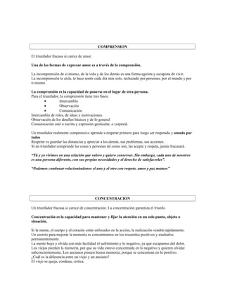 COMPRENSION

El triunfador fracasa si carece de amor.

Una de las formas de expresar amor es a través de la comprensión.

La incomprensión de sí mismo, de la vida y de los demás es una forma egoísta y escapista de vivir.
La incomprensión te aísla, te hace sentir cada día más solo, rechazado por personas, por el mundo y por
ti mismo.

La comprensión es la capacidad de ponerse en el lugar de otra persona.
Para el triunfador, la comprensión tiene tres fases:
         •         Intercambio
         •         Observación
         •         Comunicación
Intercambio de roles, de ideas y motivaciones.
Observación de los detalles básicos y de lo general
Comunicación oral o escrita y expresión gesticular, o corporal.

Un triunfador realmente comprensivo aprende a respetar primero para luego ser respetado y amado por
todos
Respetar es guardar las distancias y apreciar a los demás, sus problemas, sus acciones.
Si un triunfador comprende las cosas y personas tal como son, las acepta y respeta, jamás fracasará.

“Tú y yo vivimos en una relación que valoro y quiero conservar. Sin embargo, cada uno de nosotros
es una persona diferente, con sus propias necesidades y el derecho de satisfacerlas”.

“Podemos continuar relacionándonos el uno y el otro con respeto, amor y paz mutuos”




                                           CONCENTRACION

Un triunfador fracasa si carece de concentración. La concentración garantiza el triunfo.

Concentración es la capacidad para mantener y fijar la atención en un solo punto, objeto o
situación.

Si la mente, el cuerpo y el corazón están enfocados en la acción, la realización vendrá rápidamente.
Un secreto para mejorar la memoria es concentrarnos en los recuerdos positivos y exaltarlos
permanentemente.
La mente huye y olvida con más facilidad el sufrimiento y lo negativo, ya que escapamos del dolor.
Los viejos pierden la memoria, por que su vida estuvo concentrada en lo negativo y quieren olvidar
subconcientemente. Los ancianos poseen buena memoria, porque se concentran en lo positivo.
¿Cuál es la diferencia entre un viejo y un anciano?
El viejo se queja, condena, critica.
 