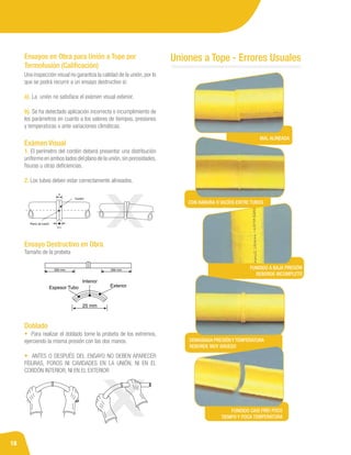 18
Exámen Visual
1. El perímetro del cordón deberá presentar una distribución
uniforme en ambos lados del plano de la unión,sin porosidades,
fisuras u otras deficiencias.
2. Los tubos deben estar correctamente alineados.
Ensayo Destructivo en Obra
Tamaño de la probeta
Doblado	
• Para realizar el doblado tome la probeta de los extremos,
ejerciendo la misma presión con las dos manos.
• ANTES O DESPUÉS DEL ENSAYO NO DEBEN APARECER
FISURAS, POROS NI CAVIDADES EN LA UNIÓN, NI EN EL
CORDÓN INTERIOR, NI EN EL EXTERIOR
Uniones a Tope - Errores Usuales
MAL ALINEADA
FUNDIDO A BAJA PRESIÓN
REBORDE INCOMPLETO
FUNDIDO CASI FRÍO POCO
TIEMPO Y POCA TEMPERATURA
CON RANURA O VACÍOS ENTRE TUBOS
DEMASIADA PRESIÓNYTEMPERATURA
REBORDE MUY GRUESO
Una inspección visual no garantiza la calidad de la unión, por lo
que se podrá recurrir a un ensayo destructivo si:
a). La unión no satisface el exámen visual exterior.
b). Se ha detectado aplicación incorrecta o incumplimiento de
los parámetros en cuanto a los valores de tiempos, presiones
y temperaturas o ante variaciones climáticas.
Ensayos en Obra para Unión a Tope por
Termofusión (Calificación)
 