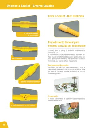 22
EL TUBO NO ENTRA BIEN
EN EL ACCESORIO
REBORDE EXTERNO NO COMPLETO
MALA ALINEACIÓN
NO USO EL CALIBRADOR DE PROFUNDIDAD
Uniones a Socket - Errores Usuales
Unión a Socket - Bien Realizada
Procedimiento General para
Uniones con Silla por Termofusión
Se realiza entre el tubo y un accesorio sobreponiendo el
accesorio al tubo.
Es recomendable utilizar una herramienta de aplicación para
hacer la unión con silla.Todas las variables que se utilizan para
dicha operación son controladas más fácilmente si se usa una
herramienta, que cuando se hace manualmente.
Herramientas Necesarias
Herramienta de aplicación, plancha calentadora, caras de
calentamiento, suplementos para tubo, porta-accesorios, trapo
(no sintético), cuchillo o raspador, termómetro de contacto,
cronómetro y alcohol.
1. Instalar las mordazas de sujetación que corresponden al
diámetro del tubo a unir.
Preparación
 