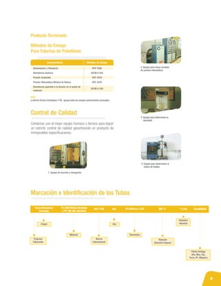 9
Métodos de Ensayo
Para Tuberías de Polietileno
Características Métodos de Ensayo
NOTA:
La Norma Técnica Colombiana 1746. agrupa todos los ensayos anteriormente enunciados.
Dimensiones y Tolerancia
Resistencia Química
Presión Sostenida
Presión Hidrostática Mínima de Rotura
Resistencia aparente a la tensión en el punto de
cedencia
NTC 3358
ASTM D 543
NTC 3578
NTC 3579
ASTM D 229
Producto Terminado
Control de Calidad
1. Equipo de tracción y elongación
2. Equipo para hacer pruebas 	
de presión hidrostática
3. Equipo para determinar la 		
densidad
4. Equipo para determinar el 		
índice de fluidez
Contamos con el mejor equipo humano y técnico para lograr
un estricto control de calidad garantizando un producto de
inmejorables especificaciones.
Planta Bodega
Año, Mes, Día,
Turno, Nº, Máquina
Diámetro
Nominal
Relación
Diámetro Espesor
Dimensión
Uso
Norma
Internacional
Material
Empresa
Fabricante
Origen
Pavco Mexichem
Colombia
PE 2406 Media Densidad
o PE 100 alta densidad
Trazabilidad
” ó mm
RDE 11
Gas
NTC 1746 IPS Métrica o CTS
Marcación e Identificación de los Tubos
 