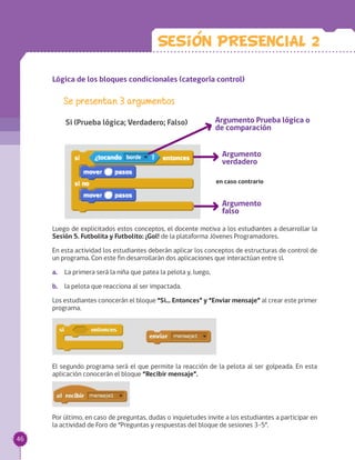 Lógica de los bloques condicionales (categoría control)
Argumento
falso
Argumento
verdadero
Argumento Prueba lógica o
de comparación
Si (Prueba lógica; Verdadero; Falso)
Se presentan 3 argumentos
en caso contrario
Luego de explicitados estos conceptos, el docente motiva a los estudiantes a desarrollar la
Sesión 5. Futbolita y Futbolito: ¡Gol! de la plataforma Jóvenes Programadores.
En esta actividad los estudiantes deberán aplicar los conceptos de estructuras de control de
un programa. Con este fin desarrollarán dos aplicaciones que interactúan entre sí.
a.		 La primera será la niña que patea la pelota y, luego,
b.	 la pelota que reacciona al ser impactada.
Los estudiantes conocerán el bloque “Si... Entonces” y “Enviar mensaje” al crear este primer
programa.
El segundo programa será el que permite la reacción de la pelota al ser golpeada. En esta
aplicación conocerán el bloque “Recibir mensaje”.
Por último, en caso de preguntas, dudas o inquietudes invite a los estudiantes a participar en
la actividad de Foro de “Preguntas y respuestas del bloque de sesiones 3-5”.
Sesion PRESENCIAL 2
46
 