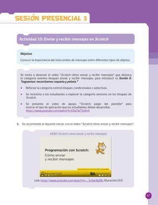 67
Se invita a observar el video “Scratch cómo enviar y recibir mensajes” que destaca
la categoría eventos bloques enviar y recibir mensajes, para introducir la Sesión 6.
“Juguemos: necesitamos raqueta y pelota.”
•• Reforzar la categoría control bloques condicionales o selectivas.
•• Se incentiva a los estudiantes a explorar la categoría sensores en los bloques de
Scratch.
•• Se presenta el video de apoyo, “Scratch, juego del paredón” para
ilustrar el tipo de aplicación que los estudiantes deben desarrollar. 	
https://www.youtube.com/watch?v=E0q7w73z6n4
Actividad 15: Enviar y recibir mensajes en Scratch
Objetivo
Conocer la importancia del intercambio de mensajes entre diferentes tipos de objetos.
VIDEO: Scratch cómo enviar y recibir mensajes
Link: https://www.youtube.com/watch?v=_3c0wJfpEBs (Duración1:03)
1.	 Se recomienda al docente iniciar con el video “Scratch cómo enviar y recibir mensajes”.
Sesion PRESENCIAL 3
 