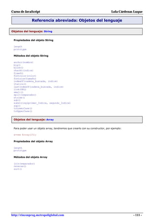 Curso de JavaScript                                                            Lola Cárdenas Luque

               Referencia abreviada: Objetos del lenguaje

Objetos del lenguaje: String


 Propiedades del objeto String

 length
 prototype

 Métodos del objeto String

 anchor(nombre)
 big()
 blink()
 charAt(indice)
 fixed()
 fontcolor(color)
 fontsize(tamaño)
 indexOf(cadena_buscada, indice)
 italics()
 lastIndexOf(cadena_buscada, indice)
 link(URL)
 small()
 split(separador)
 strike()
 sub()
 substring(primer_Indice, segundo_Indice)
 sup()
 toLowerCase()
 toUpperCase()


 Objetos del lenguaje: Array


 Para poder usar un objeto array, tendremos que crearlo con su constructor, por ejemplo:

 a=new Array(15);

 Propiedades del objeto Array

 length
 prototype

 Métodos del objeto Array

 join(separador)
 reverse()
 sort()




http://rinconprog.metropoliglobal.com                                                       - 111 -
 