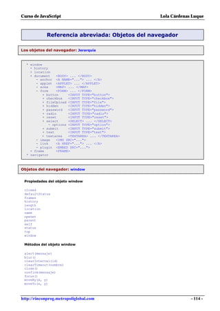 Curso de JavaScript                                  Lola Cárdenas Luque



            Referencia abreviada: Objetos del navegador

Los objetos del navegador: Jerarquía


  * window
    + history
    + location
    + document    <BODY> ... </BODY>
       - anchor <A NAME="..."> ... </A>
       - applet <APPLET> ... </APPLET>
       - area     <MAP> ... </MAP>
       - form     <FORM> ... </FORM>
           + button     <INPUT TYPE="button">
           + checkbox   <INPUT TYPE="checkbox">
           + fileUpload <INPUT TYPE="file">
           + hidden     <INPUT TYPE="hidden">
           + password   <INPUT TYPE="password">
           + radio      <INPUT TYPE="radio">
           + reset      <INPUT TYPE="reset">
           + select     <SELECT> ... </SELECT>
              - options <INPUT TYPE="option">
           + submit     <INPUT TYPE="submit">
           + text       <INPUT TYPE="text">
          + textarea    <TEXTAREA> ... </TEXTAREA>
       - image    <IMG SRC="...">
       - link     <A HREF="..."> ... </A>
       - plugin <EMBED SRC="...">
    + frame       <FRAME>
  * navigator



Objetos del navegador: window


 Propiedades del objeto window

 closed
 defaultStatus
 frames
 history
 length
 location
 name
 opener
 parent
 self
 status
 top
 window

 Métodos del objeto window

 alert(mensaje)
 blur()
 clearInterval(id)
 clearTimeout(nombre)
 close()
 confirm(mensaje)
 focus()
 moveBy(x, y)
 moveTo(x, y)



http://rinconprog.metropoliglobal.com                             - 114 -
 