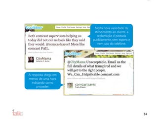 Nesta nova variedade de
                       atendimento ao cliente, a
                         reclamação é postada
                      publicamente, sem espera e
                         nem uso do telefone.




A resposta chega em
menos de uma hora
  indicando como
      proceder.




                                                   54
 