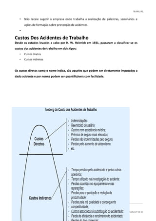 MANUAL
PÁGINA 27 DE 30
• Não receie sugerir à empresa onde trabalha a realização de palestras, seminários e
ações de formação sobre prevenção de acidentes
•
Custos Dos Acidentes de Trabalho
Desde os estudos levados a cabo por H. W. Heinrich em 1931, passaram a classificar-se os
custos dos acidentes de trabalho em dois tipos:
• Custos diretos
• Custos indiretos
Os custos diretos como o nome indica, são aqueles que podem ser diretamente imputados a
dado acidente e por norma podem ser quantificáveis com facilidade.
 