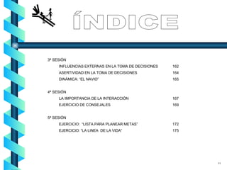 ÍNDICE 3ª SESIÓN INFLUENCIAS EXTERNAS EN LA TOMA DE DECISIONES 162 ASERTIVIDAD EN LA TOMA DE DECISIONES 164 DINÁMICA: “EL NAVIO” 165 4ª SESIÓN LA IMPORTANCIA DE LA INTERACCIÓN 167 EJERCICIO DE CONSEJALES 169 5ª SESIÓN EJERCICIO:  “LISTA PARA PLANEAR METAS” 172 EJERCICIO: “LA LINEA  DE LA VIDA” 175 11 