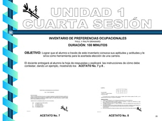 INVENTARIO DE PREFERENCIAS OCUPACIONALES PAUL Y RALPH BRAINARD DURACIÓN: 100 MINUTOS OBJETIVO:  Lograr que el alumno a través de este inventario conozca sus aptitudes y actitudes y le  sirva como herramienta para la acertada elección de una carrera. El docente entregará al alumno la hoja de respuestas y explicará  las instrucciones de cómo debe contestar, dando un ejemplo, mostrando los  ACETATO No. 7   y 8 .   UNIDAD 1 CUARTA SESIÓN ACETATO No. 7 ACETATO No. 8 28 