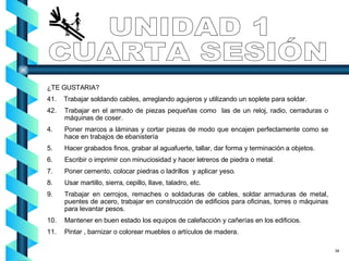 UNIDAD 1 CUARTA SESIÓN ¿TE GUSTARIA? 41.  Trabajar soldando cables, arreglando agujeros y utilizando un soplete para soldar. 42. Trabajar en el armado de piezas pequeñas como  las de un reloj, radio, cerraduras o máquinas de coser. Poner marcos a láminas y cortar piezas de modo que encajen perfectamente como se hace en trabajos de ebanistería Hacer grabados finos, grabar al aguafuerte, tallar, dar forma y terminación a objetos.  Escribir o imprimir con minuciosidad y hacer letreros de piedra o metal. Poner cemento, colocar piedras o ladrillos  y aplicar yeso. Usar martillo, sierra, cepillo, llave, taladro, etc. Trabajar en cerrojos, remaches o soldaduras de cables, soldar armaduras de metal, puentes de acero, trabajar en construcción de edificios para oficinas, torres o máquinas para levantar pesos. Mantener en buen estado los equipos de calefacción y cañerías en los edificios. Pintar , barnizar o colorear muebles o artículos de madera.  34 