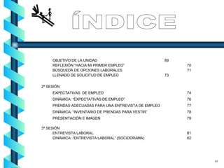 ÍNDICE OBJETIVO DE LA UNIDAD 69 REFLEXIÓN “HACIA MI PRIMER EMPLEO” 70 BÚSQUEDA DE OPCIONES LABORALES 71 LLENADO DE SOLICITUD DE EMPLEO 73 2ª SESIÓN EXPECTATIVAS  DE EMPLEO 74 DINÁMICA: “EXPECTATIVAS DE EMPLEO” 76 PRENDAS ADECUADAS PARA UNA ENTREVISTA DE EMPLEO 77 DINÁMICA: “INVENTARIO DE PRENDAS PARA VESTIR” 78 PRESENTACIÓN E IMAGEN 79 3ª SESIÓN ENTREVISTA LABORAL 81 DINÁMICA: “ENTREVISTA LABORAL” (SOCIODRAMA)  82 07 