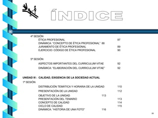 4ª SESIÓN ÉTICA PROFESIONAL 87 DINÁMICA: “CONCEPTO DE ÉTICA PROFESIONAL” 88 JURAMENTO DE ÉTICA PROFESIONAL 89 EJERCICIO: CÓDIGO DE ÉTICA PROFESIONAL 90 5ª SESIÓN ASPECTOS IMPORTANTES DEL CURRICULUM VITAE 92 DINÁMICA: “ELABORACIÓN DEL CURRICULUM VITAE” 92 UNIDAD III :  CALIDAD, EXIGENCIA DE LA SOCIEDAD ACTUAL   1ª SESIÓN DISTRIBUCIÓN TEMÁTICA Y HORARIA DE LA UNIDAD 110 PRESENTACIÓN DE LA UNIDAD 112 OBJETIVO DE LA UNIDAD 113 PRESENTACIÓN DEL TEMARIO 113 CONCEPTO DE CALIDAD 114 CICLO DE CALIDAD 115 DINÁMICA: “HISTORIA DE UNA FOTO”  116 ÍNDICE 08 