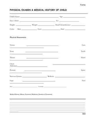 Forms 
103 
PHYSICAL EXAMIN  MEDICAL HISTORY OF CHILD 
Child’s Name: __________________________________________ Age: ________________________ 
Date of Birth: ___________________________________________ Sex: ________________________ 
Height: _________________ Weight: __________________ Head Circumference: _______________ 
Color: Skin: _________________ Eyes: ____________________ Hair: ______________________ 
Physical Assessment: 
Vision: ___________________________________ Ears: 
_____________________________________ 
Nose: ____________________________________ Teeth: 
____________________________________ 
Throat: ___________________________________ Heart: 
____________________________________ 
Chest: ____________________________________ 
Abdomen:_________________________________ 
Posture: __________________________________ Spine: 
___________________________________ 
Nervous System: ___________________________ Reflexes: _________________________________ 
Legs: ____________________________________ Feet: 
_____________________________________ 
Skin: ____________________________________ Genitalia: _________________________________ 
Medical History: (Illness, Treatment/Medicines, Duration of Treatment) 
______________________________________________________________________________________________________________ 
______________________________________________________________________________________________________________ 
______________________________________________________________________________________________________________ 
______________________________________________________________________________________________________________ 
______________________________________________________________________________________________________________ 
______________________________________________________________________________________________________________ 
____________ 
 