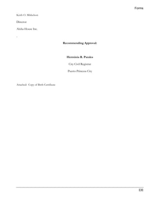 Forms 
131 
Keith O. Mikkelson 
Director 
Aloha House Inc. 
. 
Recommending Approval: 
Herminia R. Parales 
City Civil Registrar 
Puerto Princesa City 
Attached: Copy of Birth Certificate 
 