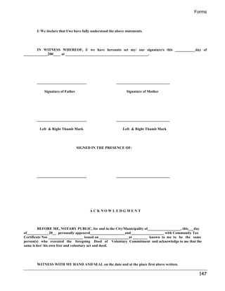 Forms 
147 
I/ We declare that I/we have fully understood the above statements. 
IN WITNESS WHEREOF, I/ we have hereunto set my/ our signature/s this ___________day of 
_____________200____ at _____________________________________________. 
___________________________ _____________________________ 
Signature of Father Signature of Mother 
___________________________ _____________________________ 
Left  Right Thumb Mark Left  Right Thumb Mark 
SIGNED IN THE PRESENCE OF: 
___________________________ _____________________________ 
A C K N O W L E D G M E N T 
BEFORE ME, NOTARY PUBLIC, for and in the City/Municipality of__________________, this___day 
of____________20__ personally appeared___________________and__________________ with Community Tax 
Certificate Nos ___________________ issued on ________________at ________ known to me to be the same 
person(s) who executed the foregoing Deed of Voluntary Commitment and acknowledge to me that the 
same is her/ his own free and voluntary act and deed. 
WITNESS WITH MY HAND AND SEAL on the date and at the place first above written. 
 