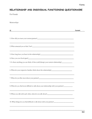 Forms 
RELATIONSHIP AND INDIVIDUAL FUNCTIONING QUESTIONAIRE 
For Female 
161 
Relationships: 
(i) Current 
1. How did you meet your current partner?____________________________________________ 
______________________________________________________________________________ 
2. What attracted you to him/ her?___________________________________________________ 
______________________________________________________________________________ 
3. How long have you been in this relationship?________________________________________ 
4. Have you ever lived apart?_______________________________________________________ 
5. Is there anything you can think of that could disrupt your current relationship?_____________ 
______________________________________________________________________________ 
6. What do your respective families think about this relationship?_________________________ 
______________________________________________________________________________ 
7. What do you like most about your partner?__________________________________________ 
______________________________________________________________________________ 
8. What do you find most difficult to talk about your relationship with your partner?___________ 
______________________________________________________________________________ 
9. When you talk with each other, what do you talk about?_______________________________ 
______________________________________________________________________________ 
10. What things do you find difficult to talk about with your partner?_______________________ 
______________________________________________________________________________ 
 