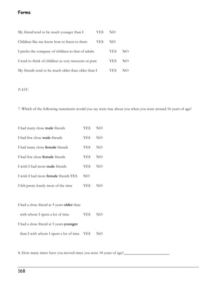 Forms 
My friend tend to be much younger than I YES NO 
Children like me know how to listen to them YES NO 
I prefer the company of children to that of adults YES NO 
I tend to think of children as very innocent or pure YES NO 
My friends tend to be much older than older than I YES NO 
PAST: 
7. Which of the following statements would you say were true about you when you were around 16 years of age? 
I had many close male friends YES NO 
I had few close male friends YES NO 
I had many close female friends YES NO 
I had few close female friends YES NO 
I wish I had more male friends YES NO 
I wish I had more female friends YES NO 
I felt pretty lonely most of the time YES NO 
I had a close friend at 5 years older than 
with whom I spent a lot of time YES NO 
I had a close friend at 5 years younger 
than I with whom I spent a lot of time YES NO 
8. How many times have you moved since you were 18 years of age?_______________________ 
168 
 