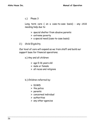 Aloha House Inc. Manual of Operation 
26 
c.) Phase 3 
Long term care ( on a case-to-case basis) - any child 
needing help due to: 
! special shelter from abusive parents 
! extreme poverty 
! a special need (case-to-case basis) 
2.) Child Eligibility 
Our level of care will expand as we train staff and build our 
support base for financial operations. 
a.) Any and all children: 
! age 0-16 years old 
! male or female 
! all races and religions 
b.) Children referred by: 
! DSWD 
! the police 
! parents 
! concerned individual 
! authorities 
! any other agencies 
 