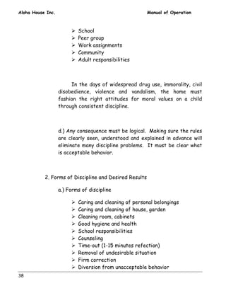 Aloha House Inc. Manual of Operation 
38 
! School 
! Peer group 
! Work assignments 
! Community 
! Adult responsibilities 
In the days of widespread drug use, immorality, civil 
disobedience, violence and vandalism, the home must 
fashion the right attitudes for moral values on a child 
through consistent discipline. 
d.) Any consequence must be logical. Making sure the rules 
are clearly seen, understood and explained in advance will 
eliminate many discipline problems. It must be clear what 
is acceptable behavior. 
2. Forms of Discipline and Desired Results 
a.) Forms of discipline 
! Caring and cleaning of personal belongings 
! Caring and cleaning of house, garden 
! Cleaning room, cabinets 
! Good hygiene and health 
! School responsibilities 
! Counseling 
! Time-out (1-15 minutes refection) 
! Removal of undesirable situation 
! Firm correction 
! Diversion from unacceptable behavior 
 