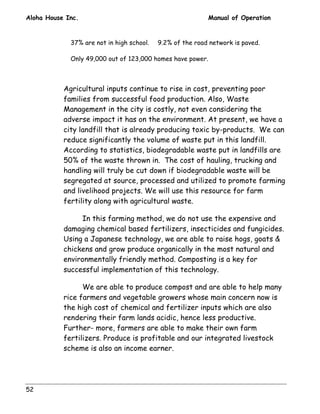 Aloha House Inc. Manual of Operation 
52 
37% are not in high school. 9.2% of the road network is paved. 
Only 49,000 out of 123,000 homes have power. 
Agricultural inputs continue to rise in cost, preventing poor 
families from successful food production. Also, Waste 
Management in the city is costly, not even considering the 
adverse impact it has on the environment. At present, we have a 
city landfill that is already producing toxic by-products. We can 
reduce significantly the volume of waste put in this landfill. 
According to statistics, biodegradable waste put in landfills are 
50% of the waste thrown in. The cost of hauling, trucking and 
handling will truly be cut down if biodegradable waste will be 
segregated at source, processed and utilized to promote farming 
and livelihood projects. We will use this resource for farm 
fertility along with agricultural waste. 
In this farming method, we do not use the expensive and 
damaging chemical based fertilizers, insecticides and fungicides. 
Using a Japanese technology, we are able to raise hogs, goats  
chickens and grow produce organically in the most natural and 
environmentally friendly method. Composting is a key for 
successful implementation of this technology. 
We are able to produce compost and are able to help many 
rice farmers and vegetable growers whose main concern now is 
the high cost of chemical and fertilizer inputs which are also 
rendering their farm lands acidic, hence less productive. 
Further- more, farmers are able to make their own farm 
fertilizers. Produce is profitable and our integrated livestock 
scheme is also an income earner. 
 