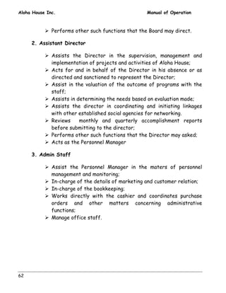 Aloha House Inc. Manual of Operation 
62 
! Performs other such functions that the Board may direct. 
2. Assistant Director 
! Assists the Director in the supervision, management and 
implementation of projects and activities of Aloha House; 
! Acts for and in behalf of the Director in his absence or as 
directed and sanctioned to represent the Director; 
! Assist in the valuation of the outcome of programs with the 
staff; 
! Assists in determining the needs based on evaluation made; 
! Assists the director in coordinating and initiating linkages 
with other established social agencies for networking. 
! Reviews monthly and quarterly accomplishment reports 
before submitting to the director; 
! Performs other such functions that the Director may asked; 
! Acts as the Personnel Manager 
3. Admin Staff 
! Assist the Personnel Manager in the maters of personnel 
management and monitoring; 
! In-charge of the details of marketing and customer relation; 
! In-charge of the bookkeeping; 
! Works directly with the cashier and coordinates purchase 
orders and other matters concerning administrative 
functions; 
! Manage office staff. 
 