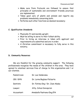 Personal and Staff 
! Make sure Farm Protocols are followed to ensure that 
principles of sustainable and environment friendly practices 
are implemented; 
! Takes good care of plants and animals and reports any 
problems immediately concerning both; 
! Performs such other functions as deemed necessary; 
67 
C. Qualification Standards 
! Physically fit and morally upright. 
! Must be willing to serve to their fullest ability. 
! Prior to hiring an interview is taken with applicant and 
requirements are submitted and are in order; 
! A Christian commitment is necessary to fully serve in this 
ministry. 
D. Community Resources 
We are thankful for the growing community support. The following 
professionals recognize the needs of the children in this area. They have 
agreed to volunteer services free of charge to this organization and / or 
our clientele. 
Pediatrician: Dr. Leo Valderama 
OB / GYN Dr. Lorna Boglosa-Felizarte 
Dentists: Dr. Fatima Ong / Dr. Joan Ababa 
Lawyer: Atty. Julius Concepcion 
Accountant: Annabelle Pastrana-Ong,CPA 
 