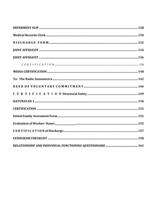 DEFERMENT 
SLIP 
....................................................................................................................................... 
128 
Medical 
Records 
Clerk 
.............................................................................................................................. 
130 
D 
I 
S 
C 
H 
A 
R 
G 
E 
F 
O 
R 
M 
......................................................................................................................... 
132 
JOINT 
AFFIDAVIT 
....................................................................................................................................... 
134 
JOINT 
AFFIDAVIT 
....................................................................................................................................... 
136 
C 
E 
R 
T 
I 
F 
I 
C 
A 
T 
I 
O 
N 
.............................................................................................................................................................. 
138 
MEDIA 
CERTIFICATION 
............................................................................................................................ 
140 
To: 
The 
Radio 
Announcers 
..................................................................................................................... 
142 
D 
E 
E 
D 
O 
F 
V 
O 
L 
U 
N 
T 
A 
R 
Y 
C 
O 
M 
M 
I 
T 
M 
E 
N 
T 
.......................................................................... 
146 
C 
E 
R 
T 
I 
F 
I 
C 
A 
T 
I 
O 
N 
Structural 
Safety 
..................................................................... 
149 
KATUNAYAN 
1 
............................................................................................................................................. 
150 
CERTIFICATION 
.......................................................................................................................................... 
151 
Initial 
Family 
Assesment 
Form 
.............................................................................................................. 
152 
Evaluation 
of 
Worker-­ 
Name:__________________ 
.................................................................................... 
155 
C 
E 
R 
T 
I 
F 
I 
C 
A 
T 
I 
O 
N 
of 
Discharge 
...................................................................................................... 
157 
GENOGRAM 
CHECKLIST 
........................................................................................................................... 
158 
RELATIONSHIP 
AND 
INDIVIDUAL 
FUNCTIONING 
QUESTIONAIRE 
............................................ 
161 
 