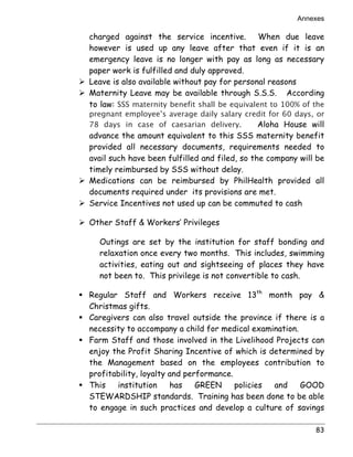 Annexes 
charged against the service incentive. When due leave 
however is used up any leave after that even if it is an 
emergency leave is no longer with pay as long as necessary 
paper work is fulfilled and duly approved. 
! Leave is also available without pay for personal reasons 
! Maternity Leave may be available through S.S.S. According 
to law: SSS maternity benefit shall be equivalent to 100% of the 
pregnant employee’s average daily salary credit for 60 days, or 
78 days in case of caesarian delivery. Aloha House will 
advance the amount equivalent to this SSS maternity benefit 
provided all necessary documents, requirements needed to 
avail such have been fulfilled and filed, so the company will be 
timely reimbursed by SSS without delay. 
! Medications can be reimbursed by PhilHealth provided all 
documents required under its provisions are met. 
! Service Incentives not used up can be commuted to cash 
83 
! Other Staff  Workers’ Privileges 
Outings are set by the institution for staff bonding and 
relaxation once every two months. This includes, swimming 
activities, eating out and sightseeing of places they have 
not been to. This privilege is not convertible to cash. 
$ Regular Staff and Workers receive 13th month pay  
Christmas gifts. 
$ Caregivers can also travel outside the province if there is a 
necessity to accompany a child for medical examination. 
$ Farm Staff and those involved in the Livelihood Projects can 
enjoy the Profit Sharing Incentive of which is determined by 
the Management based on the employees contribution to 
profitability, loyalty and performance. 
$ This institution has GREEN policies and GOOD 
STEWARDSHIP standards. Training has been done to be able 
to engage in such practices and develop a culture of savings 
 