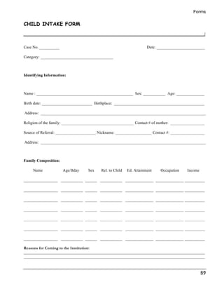 Forms 
89 
CHILD INTAKE FORM 
Case No. __________ Date: ________________________ 
Category: ____________________________________ 
Identifying Information: 
Name : ________________________________________________ Sex: ___________ Age: ______________ 
Birth date: _________________________ Birthplace: _____________________________________________ 
Address: __________________________________________________________________________________ 
Religion of the family: ____________________________________ Contact # of mother: _________________ 
Source of Referral: ____________________ Nickname: __________________ Contact #: _________________ 
Address: __________________________________________________________________________________ 
Family Composition: 
Name Age/Bday Sex Rel. to Child Ed. Attainment Occupation Income 
_________________ ___________ ______ ___________ ______________ ______________ __________ 
_________________ ___________ ______ ___________ ______________ ______________ __________ 
_________________ ___________ ______ ___________ ______________ ______________ __________ 
_________________ ___________ ______ ___________ ______________ ______________ __________ 
_________________ ___________ ______ ___________ ______________ ______________ __________ 
_________________ ___________ ______ ___________ ______________ ______________ __________ 
_________________ ___________ ______ ___________ ______________ ______________ __________ 
Reasons for Coming to the Institution: 
__________________________________________________________________________________________ 
__________________________________________________________________________________________ 
 
