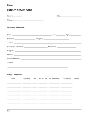 Forms 
PARENT INTAKE FORM 
Case No. __________ Date: ________________________ 
Category: ____________________________________ 
Identifying Information: 
Name : ________________________________________________ Sex: ___________ Age: ______________ 
Birth date: _________________________ Birthplace: _______________________________ 
Address: __________________________________________________________________________________ 
Educational Attainment: _____________________________ Occupation: _______________________ 
Religion : _________________________________________________________________________________ 
Dialects: __________________________________________________________________________________ 
Source of Referral: __________________________________________________________________________ 
Address: 
__________________________________________________________________________ 
Family Composition: 
94 
Name Age/Bday Sex Rel. to Child Ed. Attainment Occupation Income 
_________________ ___________ ______ ___________ ______________ ______________ 
_________________ ___________ ______ ___________ ______________ ______________ 
_________________ ___________ ______ ___________ ______________ ______________ 
_________________ ___________ ______ ___________ ______________ ______________ 
_________________ ___________ ______ ___________ ______________ ______________ 
_________________ ___________ ______ ___________ ______________ ______________ 
 
