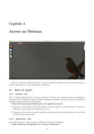 Capítulo 4
Acesso ao Sistema
Situado à esquerda na Barra Superior, o Acesso ao Sistema permite o acesso às janelas abertas, a
todos os aplicativos e às ações disponíveis no Sistema.
4.1 Barra de opções
4.1.1 Janelas - (A)
Esta é a opção padrão quando o “Acesso ao Sistema” é aberto, ela permite que sejam visualizados e
acessados todos os aplicativos abertos naquele ambiente de trabalho, e permite a troca de ambiente de
trabalho por meio da barra lateral direita.
Como selecionar para primeiro plano um aplicativo aberto?
1. Posicione o cursor sobre o botão LE disposto na barra superior e o Sistema abrirá o "Acesso ao
Sistema", com as janelas dos aplicativos em uso;
2. Posicione o cursor sobre a janela do aplicativo que deseja abrir em primeiro plano e dê um clique
no botão esquerdo do mouse;
4.1.2 Aplicativos - (B)
Esta opção permite o acesso a todos os aplicativos instalados no Sistema.
Como selecionar um aplicativo no "Acesso ao Sistema"?
12
 