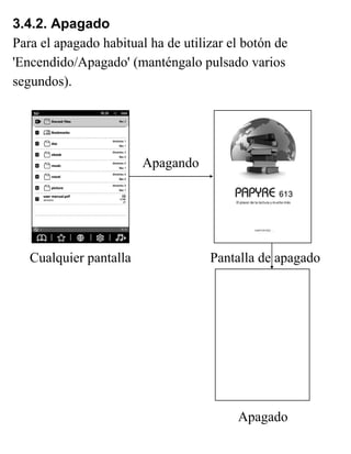 3.4.2. Apagado
Para el apagado habitual ha de utilizar el botón de
'Encendido/Apagado' (manténgalo pulsado varios
segundos).
Apagado
Cualquier pantalla Pantalla de apagado
Apagando
 