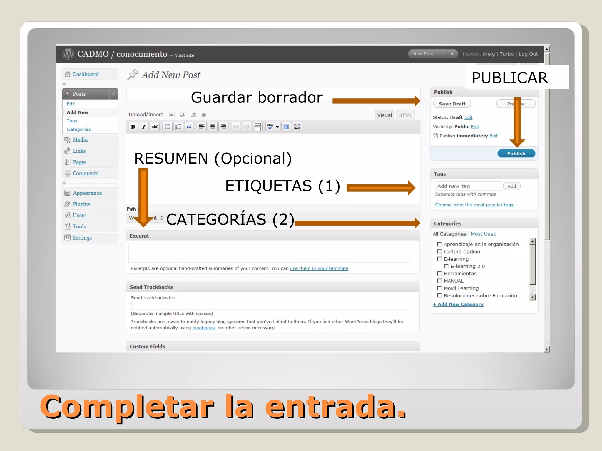 Completar la entrada. PUBLICAR RESUMEN (Opcional) ETIQUETAS (1) Guardar borrador CATEGORÍAS (2) 