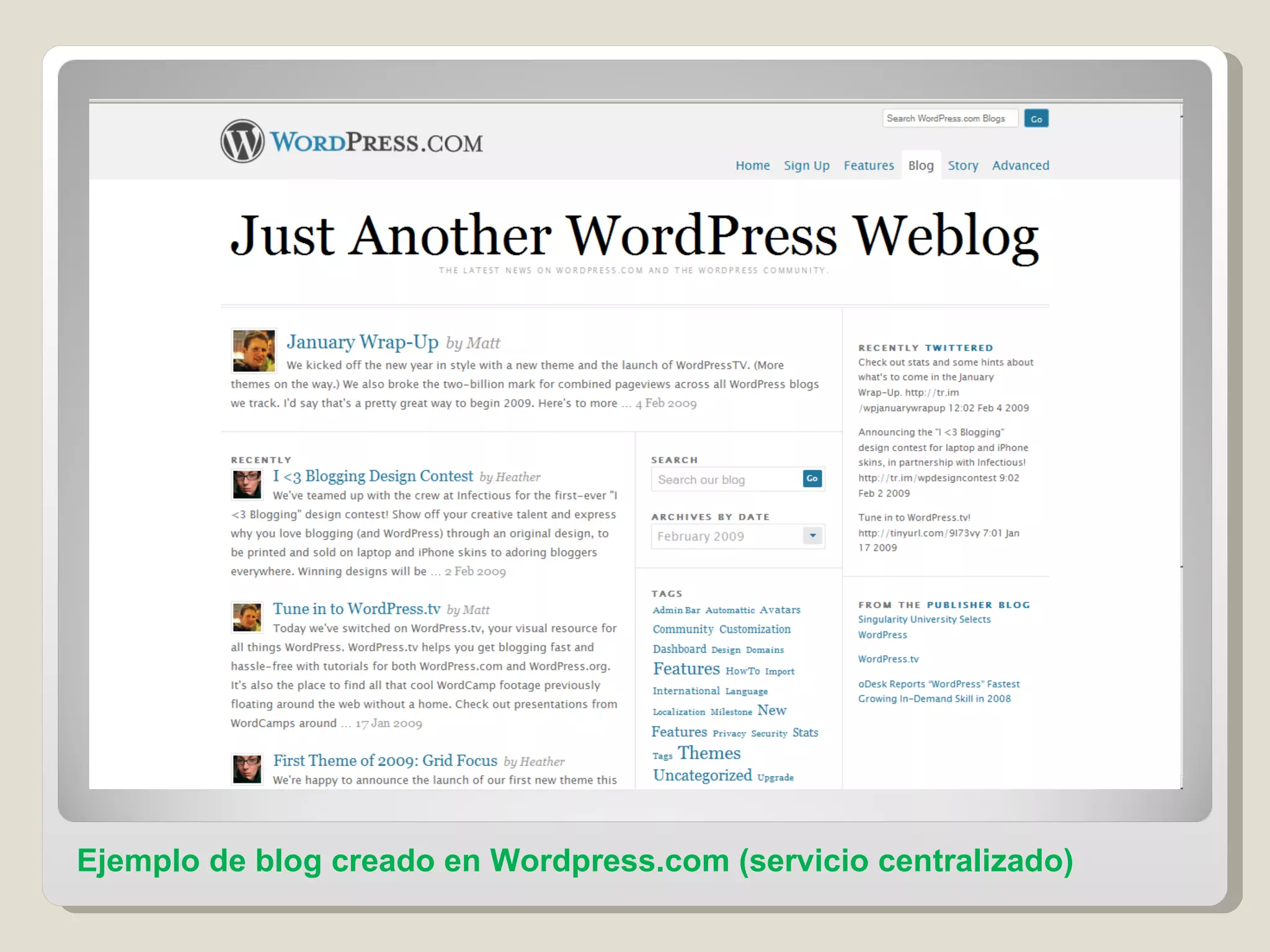 Ejemplo de blog creado en Wordpress.com (servicio centralizado) 