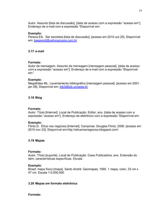 19
Autor. Assunto [lista de discussão]. [data de acesso com a expressão “acesso em”].
Endereço de e-mail com a expressão “Disponível em:
Exemplo:
Pereira EA. Ser escotista [lista de discussão]. [acesso em 2010 out 25]. Disponível
em: baependi@yahoogrupos.com.br
3.17 e-mail
Formato:
Autor da mensagem. Assunto da mensagem [mensagem pessoal]. [data de acesso
com a expressão “acesso em”]. Endereço de e-mail com a expressão “Disponível
em:”
Exemplo:
Magalhães ML. Levantamento bibliográfico [mensagem pessoal]. [acesso em 2001
jan 09]. Disponível em: bib3@bib.unoeste.br
3.18 Blog
Formato:
Autor. Título [Internet]. Local de Publicação: Editor; ano. [data de acesso com a
expressão “acesso em”]. Endereço de eletrônico com a expressão “Disponível em:
Exemplo:
Flinto D. Ética nos negócios [Internet]. Campinas: Douglas Flinto; 2006. [acesso em
2010 nov 23]. Disponível em:http://eticanosnegocios.blogspot.com/
3.19 Mapas
Formato:
Autor. Título [suporte]. Local de Publicação: Casa Publicadora; ano. Extensão do
item, características específicas. Escala
Exemplo:
Brasil: mapa físico [mapa]. Santo André: Geomapas; 1995. 1 mapa, color, 33 cm x
47 cm. Escala 1:5.000.000
3.20 Mapas em formato eletrônico
Formato:
 