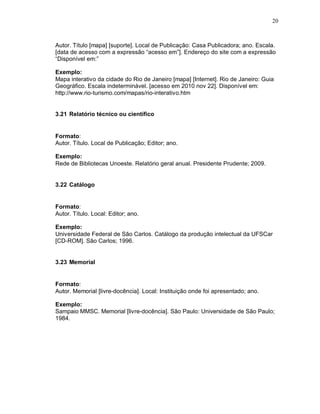 20
Autor. Título [mapa] [suporte]. Local de Publicação: Casa Publicadora; ano. Escala.
[data de acesso com a expressão “acesso em”]. Endereço do site com a expressão
“Disponível em:”
Exemplo:
Mapa interativo da cidade do Rio de Janeiro [mapa] [Internet]. Rio de Janeiro: Guia
Geográfico. Escala indeterminável. [acesso em 2010 nov 22]. Disponível em:
http://www.rio-turismo.com/mapas/rio-interativo.htm
3.21 Relatório técnico ou científico
Formato:
Autor. Título. Local de Publicação; Editor; ano.
Exemplo:
Rede de Bibliotecas Unoeste. Relatório geral anual. Presidente Prudente; 2009.
3.22 Catálogo
Formato:
Autor. Título. Local: Editor; ano.
Exemplo:
Universidade Federal de São Carlos. Catálogo da produção intelectual da UFSCar
[CD-ROM]. São Carlos; 1996.
3.23 Memorial
Formato:
Autor. Memorial [livre-docência]. Local: Instituição onde foi apresentado; ano.
Exemplo:
Sampaio MMSC. Memorial [livre-docência]. São Paulo: Universidade de São Paulo;
1984.
 