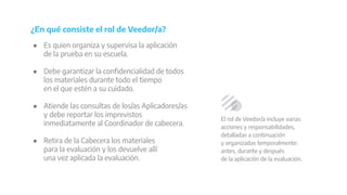 ● Es quien organiza y supervisa la aplicación
de la prueba en su escuela.
● Debe garantizar la confidencialidad de todos
los materiales durante todo el tiempo
en el que estén a su cuidado.
● Atiende las consultas de los/as Aplicadores/as
y debe reportar los imprevistos
inmediatamente al Coordinador de cabecera.
● Retira de la Cabecera los materiales
para la evaluación y los devuelve allí
una vez aplicada la evaluación.
¿En qué consiste el rol de Veedor/a?
El rol de Veedor/a incluye varias
acciones y responsabilidades,
detalladas a continuación
y organizadas temporalmente:
antes, durante y después
de la aplicación de la evaluación.
 