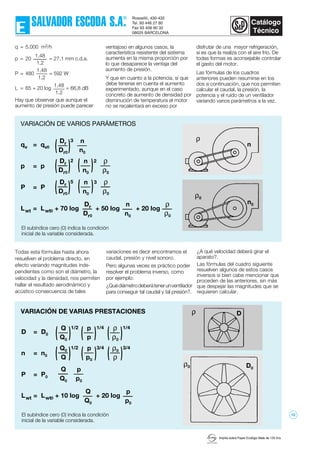 q = 5.000 m3/h
p = 20 = 27,1 mm c.d.a.
P = 480 = 592 W
L = 65 + 20 log = 66,8 dB
Hay que observar que aunque el
aumento de presión puede parecer
ventajoso en algunos casos, la
característica resistente del sistema
aumenta en la misma proporción por
lo que desaparece la ventaja del
aumento de presión.
Y que en cuanto a la potencia, sí que
debe tenerse en cuenta el aumento
experimentado, aunque en el caso
concreto de aumento de densidad por
disminución de temperatura el motor
no se recalentará en exceso por
disfrutar de una mayor refrigeración,
si es que la realiza con el aire frío. De
todas formas es aconsejable controlar
el gasto del motor.
Las fórmulas de los cuadros
anteriores pueden resumirse en los
dos a continuación, que nos permiten
calcular el caudal, la presión, la
potencia y el ruido de un ventilador
variando varios parámetros a la vez.
1,48
1,2
1,48
1,2
1,48
1,2
Todas esta fórmulas hasta ahora
resuelven el problema directo, en
efecto variando magnitudes inde-
pendientes como son el diámetro, la
velocidad y la densidad, nos permiten
hallar el resultado aerodinámico y
acústico consecuencia de tales
variaciones es decir encontramos el
caudal, presión y nivel sonoro.
Pero algunas veces es práctico poder
resolver el problema inverso, como
por ejemplo:
¿Quédiámetrodeberátenerunventilador
para conseguir tal caudal y tal presión?.
¿A qué velocidad deberá girar el
aparato?.
Las fórmulas del cuadro siguiente
resuelven algunos de estos casos
inversos si bien cabe mencionar que
proceden de las anteriores, sin más
que despejar las magnitudes que se
requieren calcular.
VARIACIÓN DE VARIAS PRESTACIONES
El subíndice cero (0) indica la condición
inicial de la variable considerada.
VARIACIÓN DE VARIOS PARÁMETROS
El subíndice cero (0) indica la condición
inicial de la variable considerada.
qv = qv0
p = p
P = P
Lwt = Lwt0 + 70 log + 50 log + 20 log
n
n0
)2
Dr
Dr0
3 n
n0
n
n0
(
)(
Dr
Dr0
ρ
ρ0
Dr
Dr0
2
)( ρ
ρ0
Dr
Dr0
5
)( n
n0
)3
( ρ
ρ0
D = D0
n = n0
P = P0
Lwt = Lwt0 + 10 log + 20 log
Q
Q0
p
p0
)(
Q
Q0
Q0
Q
1/2
)(
Q
Q0
p
p0
1/2 p
p )(
1/4 ρ
ρ0
)(
1/4
p
p0
)(
3/4 ρ0
ρ )(
3/4
ρ0
n0
n
ρ
D0
D
ρ0
ρ
Imprès sobre Paper Ecològic Mate de 135 Grs.
12
 