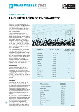 LA CLIMATIZACION DE INVERNADEROS
CASOS DE APLICACION
Con los invernaderos agrícolas se
pretende obtener un alto rendimiento
en la producción y calidad de los
productos a desarrollar, aunque las
condiciones ambientales exteriores
sean desfavorables.
Dentro del invernadero hay que
procurar que los factores que inter-
vienen en el desarrollo de los vegeta-
les sean los adecuados. La Climatiza-
ción regula la concentración del
anhídrido carbónico CO2
y el oxíge-
no, la temperatura, la humedad, la
luminosidad, amén de otros factores
que actúan muy relacionados entre sí
y que necesitan estar presentes de
forma equilibrada.
Las zonas climáticas en España son
muy diversas y las condiciones
favorables durante el invierno pueden
resultar problemáticas en verano. En
la zona mediterránea, principalmente
hacia el Sur, resulta más difícil enfriar
el invernadero en verano que
calefaccionarlo en invierno. Habrá
pues que recurrir a técnicas distintas
para alcanzar climas deseables.
Temperatura
La temperatura actúa sobre las
funciones vitales de los vegetales
resultando, en general, crítica por
debajo los cero grados o por encima
los 70 ºC. Fuera de estos límites
mueren o se aletargan. Las tempera-
turas óptimas son las indicadas en la
tabla I.
Humedad
La humedad del aire interior de un
invernadero es muy importante para
la vida de las plantas. Interviene en el
crecimiento, en la transpiración, la
fecundación de las flores y en el
desarrollo de enfermedades, cuando
es excesiva. La tabla II muestra los
valores adecuados a cada tipo de
cultivo.
Si la humedad es excesiva dificulta la
evaporación. Si es escasa aumenta la
transpiración hasta llegar a dificultar
la fotosíntesis. La humedad, con la
misma cantidad de agua en el
ambiente, varía con la temperatura
por lo que debe controlarse ambos
parámetros para dar con las mejores Tabla II
Lechuga 14-18 °C 10 °C
Espinacas 15-18 –2
Guisantes 16-20 3
Acelgas 18-22 –4
Apio 18-25 5
Judías 18-30 8
Tomates 20-24 7
Pimiento 20-25 8
Pepino 20-25 10
Berenjena 22-27 9
Sandía 23-28 10
Melón 25-30 9
Calabacín 25-35 8
CALEFACCIONAR
POR DEBAJO DE:
TEMP. OPTIMAPRODUCTO
Tomate y pimiento 50-60%
Berenjena 50-60
Melón y acelga 60-70
Judías 60-75
Lechuga 60-80
Sandía 65-75
Guisantes 65-75
Calabacín y apio 65-80
Fresones 70-80
Pepino 70-90
Tabla I
HUMEDADPRODUCTO
129
 