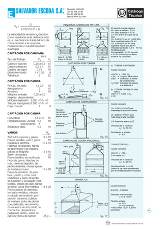 Imprès sobre Paper Ecològic Mate de 135 Grs.
La velocidad de arrastre Va decrece
con el cuadrado de la distancia, esto
es, a una distancia doble del foco de
contaminación a la campana,
corresponde un caudal necesario
cuádruple.
CAPTACIÓN POR CAMPANA
(m/s)
Tipo de Trabajo Va Vc
Gases o vapores 0,25 a 0,5 12
Gases soldadura 0,5 a 1 15
Caldera de vapor 0,75 10
Estufa barnizado 1 a 1,25 8
Taladrado 2 22
CAPTACIÓN POR CABINA
Pintura, triturado 1 a 2,5 15
Aerografismo 2 10
Amolado 1 18
Máquina embalar 0,25 a 0,5
(Aspirac. descendente)
Motores explosión 3.500 m3/h. m2
Tanque impregnado3.500 m3/h. m2
Forja manual 1 8
CAPTACIÓN POR CABINA
Esmerilado 2,5 a 10 15
Perforado rocas, vertical 0,3 18
descendente 1
Soldadura plata 0,5 10
VARIOS Vc
Todos los vapores y gases 9 a 10
Polvos semillas, yute o goma 10
Soldadura eléctrica 10 a 13
Hilachas de algodón, harina
de gramíneas y de madera,
polvos de litografía 13 a 15
Serrín de madera 15
Polvo metálico de rectificado 16
Finos de goma, hilachas de
yute, polvo de algodón, de
jabón y bakelita, virutas ligeras
de madera y cuero 15 a 20
Polvo de amolado, de yute,
lana, granito y corte prod.
cerámicos y barro de arcilla,
de fundición y envasado prod.
textiles, granos de café, harina
de sílice, viruta fina metálica 18 a 20
Polvo pesado de aserrado,
torneado metálico, vibrado
y volcado en fundición, pro-
yección de arena, cubitos
de madera, polvo de plomo
con partículas, de cemento,
de asbestos en el cortado de
conductos, desperdicios
pegajosos de lino, polvo de
cal viva y finos de carbón 25 y +
El operario precisa máscara
M = pieza a realizar + 0,3 m.
H = pieza a realizar + 0,3 m.
C = 0,75 M ó H (el mayor de los
dos)
Q = 3.800 m3/h por m2 (3.800 MH).
Para superficie hasta 0,35 m2.
Q = 2.800 m3/h por m2 para
superficie mayor de 0,35 m2.
Velocidad conducto: vc 0 5 – 15 m/s
Pérdida entrada:
Con pantallas = 1,8 Pd (ranura)
+ 0,5 Pd (conducto) con filtros,
sucios = Pd (conducto)
PEQUEÑAS CABINAS DE PINTURA
A) TOBERA SUSPENDIDA
Caudal necesario:
Q [m3/h] = 13.500 dva
L [m] = Longitud de la tobera
d [m] = Distancia a la fuente
del contaminante
va [m/s]= Velocidad de captura
a la distancia d
B) TOBERA ENCIMA DE UNA
MESA
Q [m3.h] = 10.000 L dva
L [m]
Caudal necesario:
Q = 1.800 S m3/h/m2 para
materiales de toxicidad normal.
Q = 2.800 S m3/h/m2 para
materiales de alta toxicidad.
S = Superficie abierta, [m2]
Velocidad en el conducto:
vc = 5 a 10 m/s
Pérdidas en la entrada
n = 0,5
CAMPANA DE COCINA INDUSTRIAL
TIPO RECORTADO
Caudal necesario:
Q [m3/h] = 1.150 L
L en metros [m]
Velocidad en el conducto
vc = 5 a 20 m/s
Pérdida entrada: n = 0,25
(inferior a los casos precedentes
por la entrada gradual al conducto)
Caudal necesario:
Q [m3/h] = 1.800 LH
Velocidad en el conducto:
vc = 5 a 15 m/s
Pérdidas entrada:
n = 0,25
n = 0,25 conducto
= Pérd. filtros + 2,5 + 0,25 Pd
(conducto)
Fig. 16
Fig. 17
Fig. 15
Fig. 14
Fig. 13
CAMPANA DE LABORATORIO
Ranuras
(se cierran
con la puerta
abierta, arriba)
Puerta de
guillotina
Aire entrada
Ranuras
ajustables
Cota B = 0,75 D
Filtros = 0,6 MH
D + 150 mm
0,6 MH
D + 150 mm
0,75 MH
45°
B C
B
CC
B
d
d
M
H
Q
2.750 (10 d2 + 5)
Va =
BARBACOA
CAPTACIÓN POR TOBERA
Filtro
Filtro
vc
vc vc
40
 