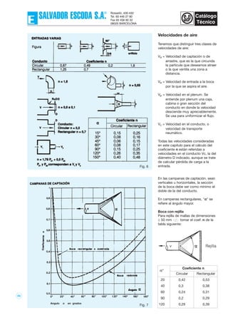 59
Velocidades de aire
Tenemos que distinguir tres clases de
velocidades de aire:
Va = Velocidad de captación o de
arrastre, que es la que circunda
la partícula que deseamos atraer
o la que ventila una zona a
distancia.
Ve = Velocidad de entrada a la boca
por la que se aspira el aire.
Vp = Velocidad en el plenum. Se
entiende por plenum una caja,
cabina o gran sección del
conducto en donde la velocidad
desciende muy apreciablemente.
Se usa para uniformizar el flujo.
Vc = Velocidad en el conducto, o
velocidad de transporte
neumático.
Todas las velocidades consideradas
en este capítulo para el cálculo del
coeficiente n están referidas a
velocidades en el conducto Vc, la del
diámetro D indicado, aunque se trate
de calcular pérdida de carga a la
entrada.
En las campanas de captación, sean
verticales u horizontales, la sección
de la boca debe ser como mínimo el
doble de la del conducto.
En campanas rectangulares, "α" se
refiere al ángulo mayor.
Boca con rejilla
Para rejilla de mallas de dimensiones
≥ 50 mm tomar el coef. n de la
tabla siguiente:
Fig. 6
Fig. 7
Angulo α en grados
α°
Coeficiente n
Circular Rectangular
20 0,42 0,53
40 0,3 0,38
60 0,24 0,31
90 0,2 0,29
120 0,29 0,39
 