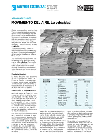 MOVIMIENTO DEL AIRE. La velocidad
MECANICA DE FLUIDOS
El aire, como envoltura gaseosa de la
Tierra no es una masa de gases en
reposo sino que constituye una del-
gada capa fluída y turbulenta remo-
viéndose con intensidad variable de-
bida a grandes contrastes térmicos.
Al desplazamiento masivo de gran-
des porciones de aire con una cierta
velocidad y dirección común se le lla-
ma Viento.
A las desordenadas y contínuas
alteraciones en la posición relativa y
en la velocidad de masas parciales
del aire que se desplaza se le llama
Turbulencia.
A la ausencia práctica de viento cer-
ca del suelo o de la superficie del
mar se le llama Calma. Es poco fre-
cuente que esta quietud se observe a
todas las alturas sobre un mismo lu-
gar y podemos considerarla inexis-
tente si alcanzamos varios miles de
metros.
Escala de Beaufort
La fuerza del viento viene determina-
da por la velocidad del mismo. La
Escala de Beaufort ordena los vien-
tos según su fuerza que, traducido
en velocidades, aparecen con los va-
lores de la Tabla 1, medidos a 10 m
de altura y en campo abierto.
Efecto sobre el cuerpo humano
Aunque la escala de Beaufort no esti-
ma como movimiento del aire hasta
que alcanza la velocidad de 1,5 m/s,
lo cierto es que desplazamientos de
aire a velocidades inferiores como
por ejemplo 0,5 m/s son ya percepti-
bles, aunque escasamente. El térmi-
no "aire en calma", implica un movi-
miento de hasta 0,08 m/s. De ahí
para arriba se percibe perfectamente
un movimiento del aire.
Si al efectuar la renovación de aire de
un local se utiliza como aire de apor-
tación uno que tenga unas caracte-
rísticas térmicas y de humedad pare-
cidas a la existente dentro del local,
raramente es perfectible el movimien-
to del aire ya que una renovación,
por activa que sea, suele provocar
unas velocidades de aire por debajo
de lo que hemos calificado como aire
en calma.
Ahora bien, es perfectamente cono-
cido el fenómeno de que un movi-
miento de aire sobre la piel desnuda
de las personas provoca una sensa-
ción de frescor, pese a que el aire
tenga la misma temperatura de cuan-
do estaba en calma. Difícilmente la
velocidad del aire de renovación de
un local puede producir esa sensa-
ción de frescor y de ahí que se justifi-
ca la existencia de los ventiladores
que son aparatos destinados a pro-
vocar movimientos de aire utilizando
el aire existente dentro de los locales
y por tanto independientemente del
aire de aporte para una renovación
del ambiente.
En un local con personas normal-
mente vestidas, en reposo u ocupa-
das en una actividad ligera y con una
temperatura entre 20 y 24 ºC, un
movimiento de aire a una velocidad
comprendida de 0,5 a 1 m/s les pro-
porciona una sensación de frescor
0 Calma 0'5 2
1 Aire ligero 1'5 5
2 Brisa ligera 3 11
3 Brisa suave 6 22
4 Brisa moderada 8 30
5 Brisa fresca 11 40
6 Brisa fuerte 14 50
7 Viento moderado 17 60
8 Viento fresco 21 75
9 Viento fuerte 24 87
10 Gran viento 28 100
11 Tempestad 32 115
12 Huracán 36 ó más 130 ó más
Escala de
Beaufort
Nombre de
Viento
Velocidad
km/horam/s
Tabla 1
65
 