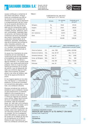 70
COMPONENTES DEL AIRE SECO
(1’2928 kg/m3, a 0 °C 760 mm)
Símbolo
En volumen Contenido en el
% aire g/m3
Nitrógeno N2 78,08 976,30
Oxígeno O2 20,94 299,00
Argón Ar 0,934 16,65
Anh. Carbónico CO2 0,0315 0,62
Otros 0,145 0,23
100,000 1292,80
causas contribuyen a contaminar el
aire interior del edificio. Antigua-
mente se consideraba que sólo el
ser humano con la expulsión de
anhídrido carbónico de la respiración
y el desprendimiento del olor corpo-
ral era el causante del deterioro de
la calidad del aire. Hoy en día se
sabe que los componentes orgáni-
cos volátiles que se desprenden de
muebles, pinturas, adhesivos, barni-
ces, combustibles, materiales higie-
ne personal y de limpieza del hogar,
contaminan de forma importante el
aire interior: Insecticidas, raticidas,
combustión directa dentro de la
habitación, aerosoles, detergentes,
ropa de la tintorería que se airea en
casa, moquetas, parquets y, de
forma importante, el humo de taba-
co y, también, los ambientadores
con los que se quiere disimular el
ambiente cargado.
Un grupo muy importante de conta-
minadores son los materiales de
construcción entre los que destacan
el formaldehído de los aglomerados
de madera unidos con resinas y
algunos aislantes. Y en ciertas zonas
el radón, que resulta particularmente
peligroso. Este es un gas de origen
natural que amenaza con el cáncer
de pulmón y que se desprende del
radio que contienen algunos mate-
riales como el granito, la piedra
pómez y las rocas de fosfatos, ade-
más de las aguas profundas de
pozos.
En los hogares aparece en los sóta-
nos y las figuras 4 y 5 describen su
presencia y la forma de controlarlo
con actuaciones adecuadas y, sobre
todo, una ventilación eficiente.
Diversas normativas han venido en
establecer que la ventilación necesa-
ria para proporcionar un ambiente
higiénico a los ocupantes de un
espacio cerrado es del orden de los
7,5 litros por segundo por persona
como mínimo. Según sea la función
del local considerado salón para
fumadores, salas de hospitales,
bares, etc. este valor va en aumento
hasta alcanzar más del doble o el tri-
ple. Pero como tales caudales
entran en conflicto con el ahorro de
energía, sobre todo calefacción, se
ven reducidos cayendo en el extre-
mo opuesto. De una investigación
sobre 350 edificios y las causas de
las quejas por la calidad de aire inte-
rior se reproducen en la Tabla III.
Destaca la gran importancia que
tiene una ventilación suficiente pero
Fig. 3
TABLA I
AIRE LIMPIO µg/m3 AIRE CONTAMINADO µg/m3
Media anual en una gran ciudad
Óxido de Carbono CO máx. 1000 6.000 a 225.000
Dióxido de Carbono CO2 máx. 65·104 65 a 125·104
Anhídrido Sulfuroso SO2 máx. 25 50 a 5.000
Comp. de Nitrógeno NOx máx. 12 15 a 600
Metano CH4 máx. 650 650 a 13.000
Partículas máx. 20 70 a 700
TABLA II
CDU 697.9 Noviembre 1991
NORMA
Climatización
UNE
ESPAÑOLA
LA VENTILACIÓN PARA UNA CALIDAD ACEPTABLE DEL
100-011-91
AIRE EN LA CLIMATIZACIÓN DE LOS LOCALES
EUROPEAN CONCERTED ACTION
INDOOR AIR QUALITY & ITS IMPACT ON MAN
(formerly COST Project 613)
Report No. 11
Guidelines
for
Ventilation Requirements in Buildings
 