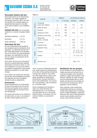 106
ESPECIE
ESPACIO VELOCIDAD DEL AIRE m/s
m2 Nº Animales INVIERNO VERANO
Ponedoras
(sobre tela metálica) 9 100 0’15 0’3
Pollos de carne 6 100 0’1 0’2
Gazapos 5 ÷ 7 100
Gazapos en recría 20 ÷ 25 100 0’15 0’25
Hembra con sus crías 40 ÷ 50 100
Maternidad
(cerda + camada) 7 ÷ 7’5 1 0’05 0’1
Lechones 0’15 0’2
Engorde 25 kg. 0’3 ÷ 0’55 1 <0’2 <1’5
Engorde 110 kg. <0’5 <4’5
Jóvenes
(T < 5 °C) 0’1
2’5 ÷ 6’5 1
(T < 10 °C) 0’2
Adultos (T < 5 °C) 0’2
Ganado ovino Máx. < 0’2
OVINOBOVINOPORCINOCUNÍCULAAVÍCOLA
TABLA II
ovino, sí que es interesante exponer
que, según algunas investigaciones,
en el caso de las gallinas ponedoras,
si éstas han nacido en los meses
con días largos (junio y julio) y que
están sometidas a fotoperíodos
decrecientes, aunque empiezan a
poner más tardíamente, sus huevos
son más grandes y más numerosos
en un período dado.
Otras investigaciones llevadas a
cabo con vacas lecheras han
demostrado que, si se someten a
una alternativa de luz y oscuridad
determinados, se aumenta, de una
manera notable, su producción
lechera.
Ventilación de las granjas
En los recintos en que se alojan ani-
males se produce la emisión de un
conjunto de gases como anhídrido
carbónico, gases amoniacales y sulf-
hídricos, además de vapor de agua,
que son perjudiciales para un buen
estado de salud de los animales así
como para la conservación de los
aparatos y de los edificios.
Para mantener unas condiciones
ambientales óptimas es necesario
extraer estos gases para no sobrepa-
sar los niveles señalados, sustituyén-
dolos por aire nuevo. Esta aportación
se aire nuevo también servirá, en
verano, para eliminar el exceso
Humedad relativa del aire
Está relacionada con la temperatura
ambiente. Los valores ideales se
encuentran entre 60 y 80%. Por enci-
ma del 80% la humedad relativa es
perjudicial tanto para los animales
como para el edificio y sus instalacio-
nes.
Calidad del aire: Los contenidos
máximos en volumen de gases deben
ser:
Anhídrido carbónico ≤ 3,5 ‰
Amoníaco ≤ 0,1 ‰
Ácido sulfhídrico ≤ 0,02 ‰
Velocidad del aire
Es una consecuencia del caudal de
aire necesario para la ventilación de la
expresión. La velocidad del aire tam-
bién está relacionada con la tempera-
tura en el recinto; así, para temperatu-
ras bajas, una velocidad de más de
0‚5 m/s causa una sensación de frío
desagradable.
De lo dicho vemos que la renovación
del aire no podrá efectuarse satisfac-
toriamente si el local no tiene un volu-
men suficiente o, lo que es lo mismo,
la superficie ocupada por cada animal
deberá ser superior a un valor deter-
minado.
En la Tabla II se muestra las velocida-
des de aire recomendadas para distin-
tas especies así como el espacio
necesario para su alojamiento.
Iluminación
Experimentalmente se ha demostra-
do que la iluminación es uno de los
factores principales de las variacio-
nes estacionales de muchas funcio-
nes fisiológicas.
Sin querer profundizar en la influencia
de este factor, ya que no se dispone
de datos sobre ganado porcino y
Fig. 1 Fig. 2
 