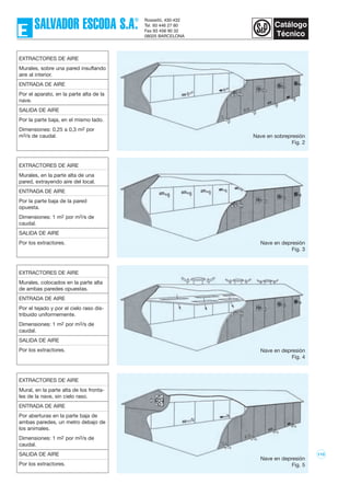 110
Nave en sobrepresión
Fig. 2
Nave en depresión
Fig. 3
Nave en depresión
Fig. 4
Nave en depresión
Fig. 5
EXTRACTORES DE AIRE
Murales, sobre una pared insuflando
aire al interior.
ENTRADA DE AIRE
Por el aparato, en la parte alta de la
nave.
SALIDA DE AIRE
Por la parte baja, en el mismo lado.
Dimensiones: 0,25 a 0,3 m2 por
m3/s de caudal.
EXTRACTORES DE AIRE
Murales, en la parte alta de una
pared, extrayendo aire del local.
ENTRADA DE AIRE
Por la parte baja de la pared
opuesta.
Dimensiones: 1 m2 por m3/s de
caudal.
SALIDA DE AIRE
Por los extractores.
EXTRACTORES DE AIRE
Murales, colocados en la parte alta
de ambas paredes opuestas.
ENTRADA DE AIRE
Por el tejado y por el cielo raso dis-
tribuido uniformemente.
Dimensiones: 1 m2 por m3/s de
caudal.
SALIDA DE AIRE
Por los extractores.
EXTRACTORES DE AIRE
Mural, en la parte alta de los fronta-
les de la nave, sin cielo raso.
ENTRADA DE AIRE
Por aberturas en la parte baja de
ambas paredes, un metro debajo de
los animales.
Dimensiones: 1 m2 por m3/s de
caudal.
SALIDA DE AIRE
Por los extractores.
 