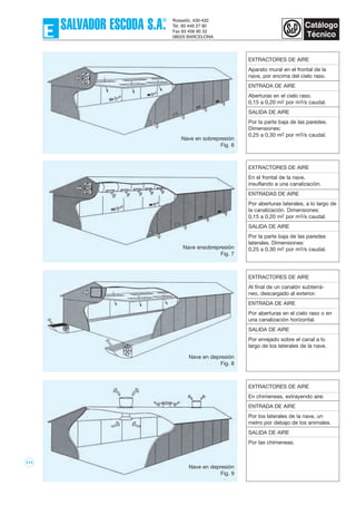 111
Nave en sobrepresión
Fig. 6
Nave ensobrepresión
Fig. 7
Nave en depresión
Fig. 8
Nave en depresión
Fig. 9
EXTRACTORES DE AIRE
Aparato mural en el frontal de la
nave, por encima del cielo raso.
ENTRADA DE AIRE
Aberturas en el cielo raso.
0,15 a 0,20 m2 por m3/s caudal.
SALIDA DE AIRE
Por la parte baja de las paredes.
Dimensiones:
0,25 a 0,30 m2 por m3/s caudal.
EXTRACTORES DE AIRE
En el frontal de la nave,
insuflando a una canalización.
ENTRADAS DE AIRE
Por aberturas laterales, a lo largo de
la canalización. Dimensiones:
0,15 a 0,20 m2 por m3/s caudal.
SALIDA DE AIRE
Por la parte baja de las paredes
laterales. Dimensiones:
0,25 a 0,30 m2 por m3/s caudal.
EXTRACTORES DE AIRE
Al final de un canalón subterrá-
neo, descargado al exterior.
ENTRADA DE AIRE
Por aberturas en el cielo raso o en
una canalización horizontal.
SALIDA DE AIRE
Por enrejado sobre el canal a lo
largo de los laterales de la nave.
EXTRACTORES DE AIRE
En chimeneas, extrayendo aire.
ENTRADA DE AIRE
Por los laterales de la nave, un
metro por debajo de los animales.
SALIDA DE AIRE
Por las chimeneas.
 